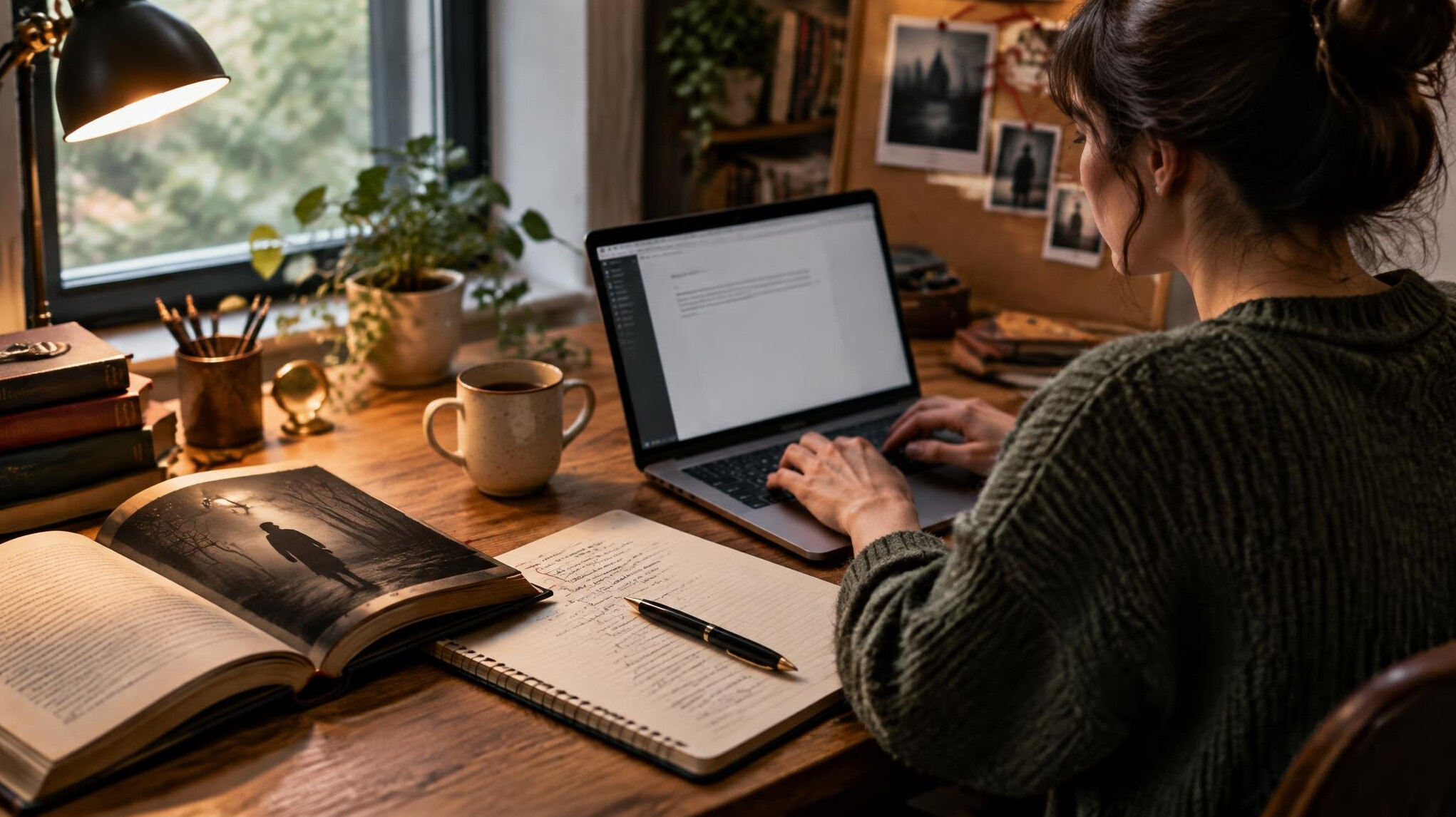 writer at desk with notebook