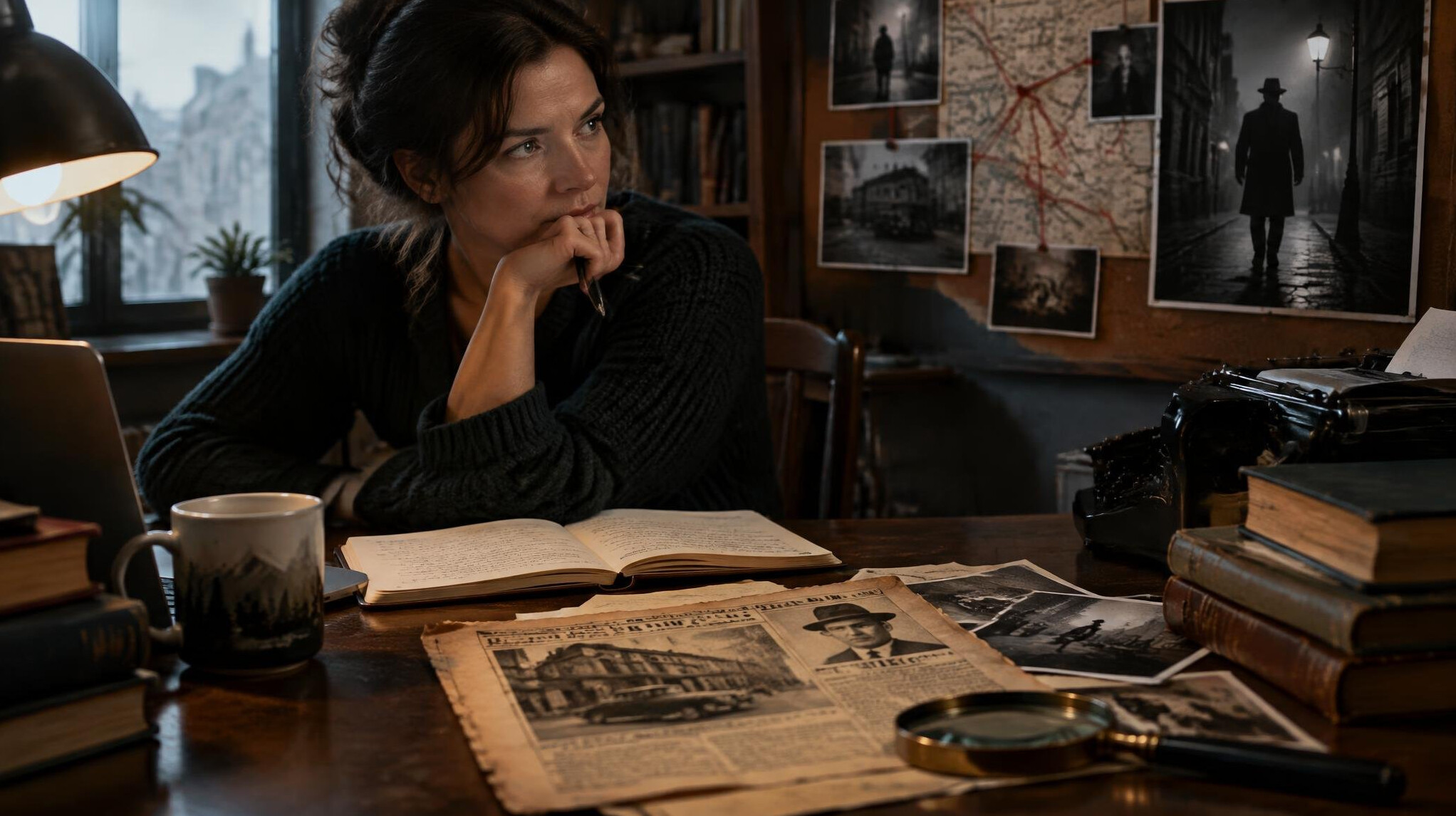 mystery writer at desk