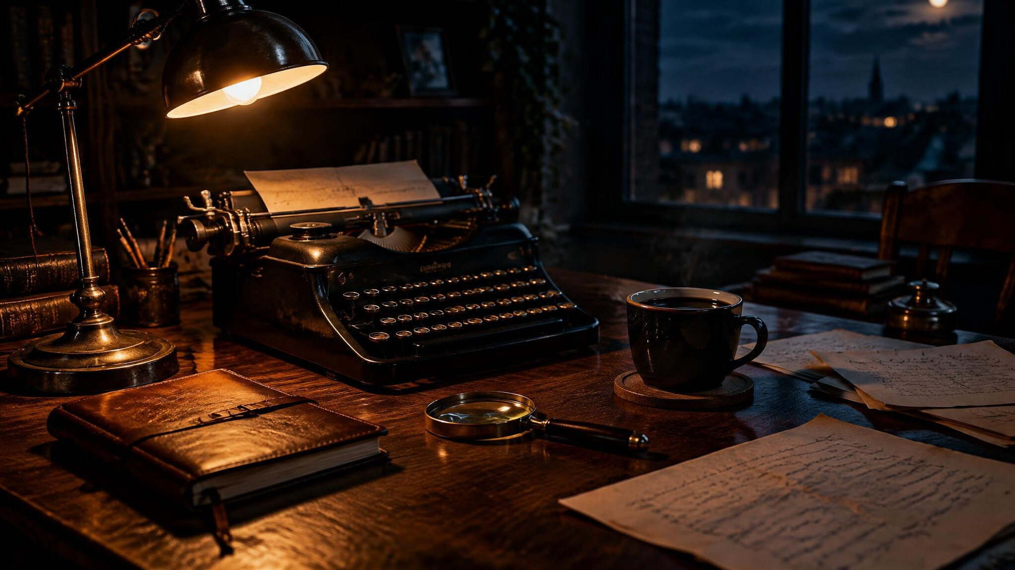 Old wooden writer's desk with a typewriter, notebook and magnifying glass under lamp light