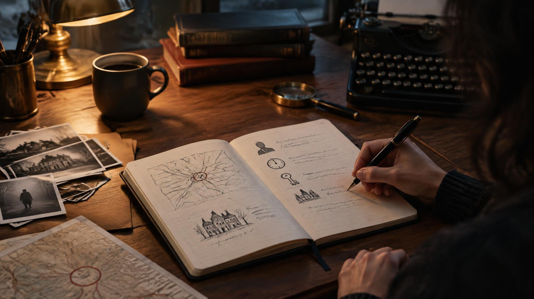 mystery writer desk setup