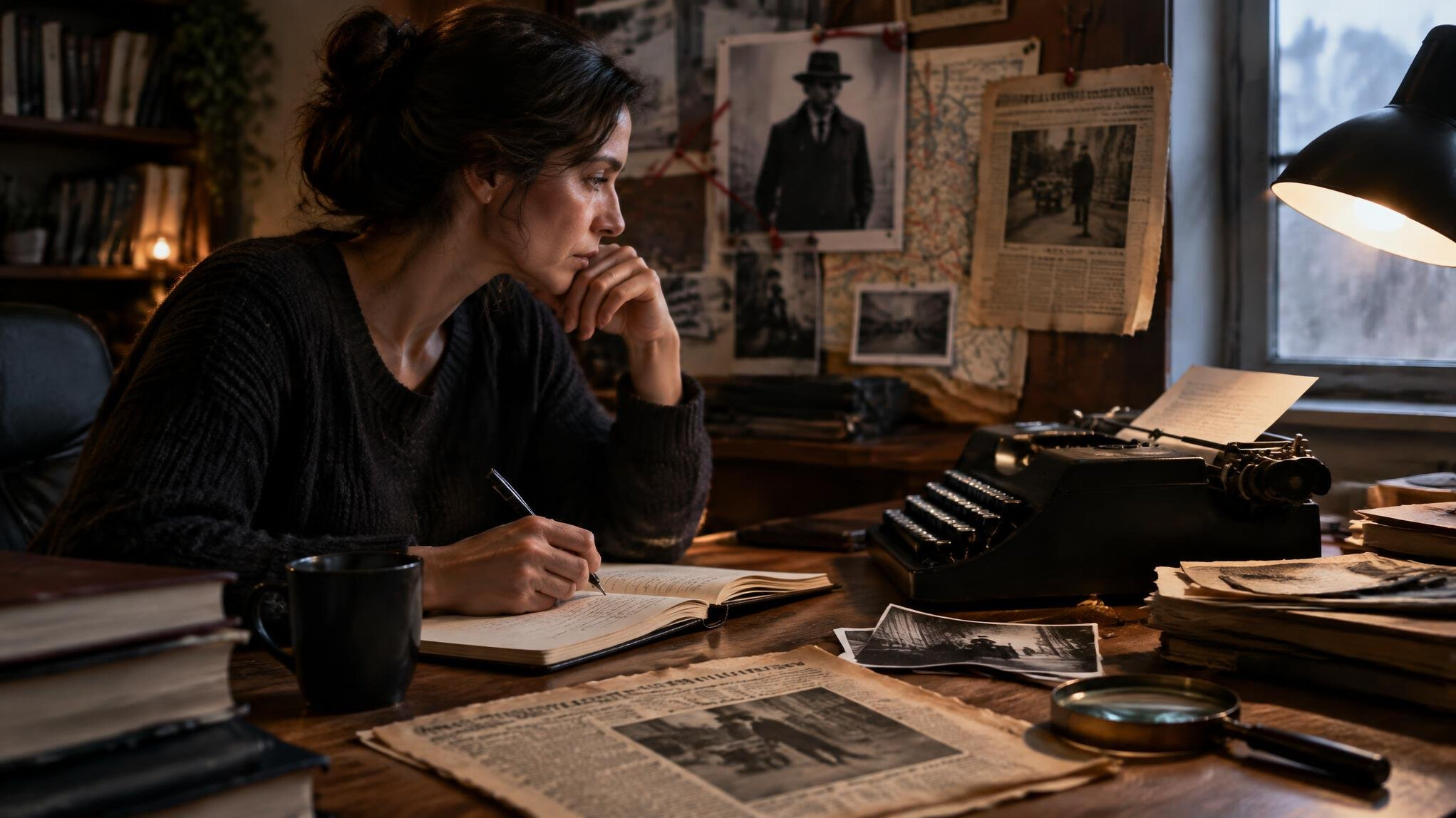 mystery writer at desk