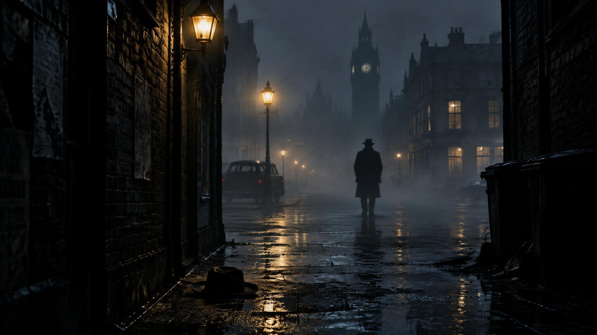 foggy city street at night