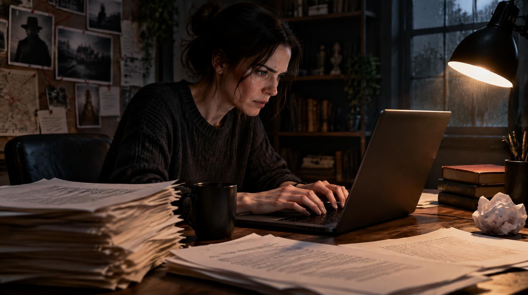 mystery writer at desk