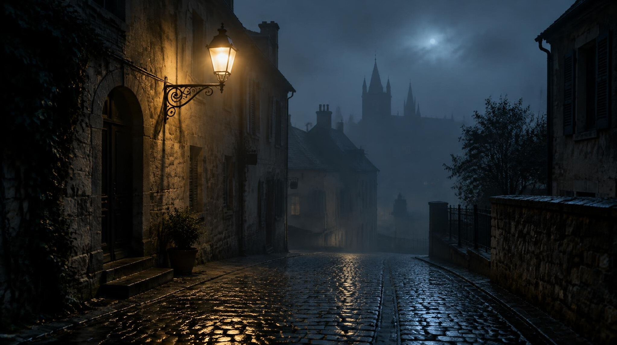 Foggy cobblestone street in an old European town at night lit by a street lamp