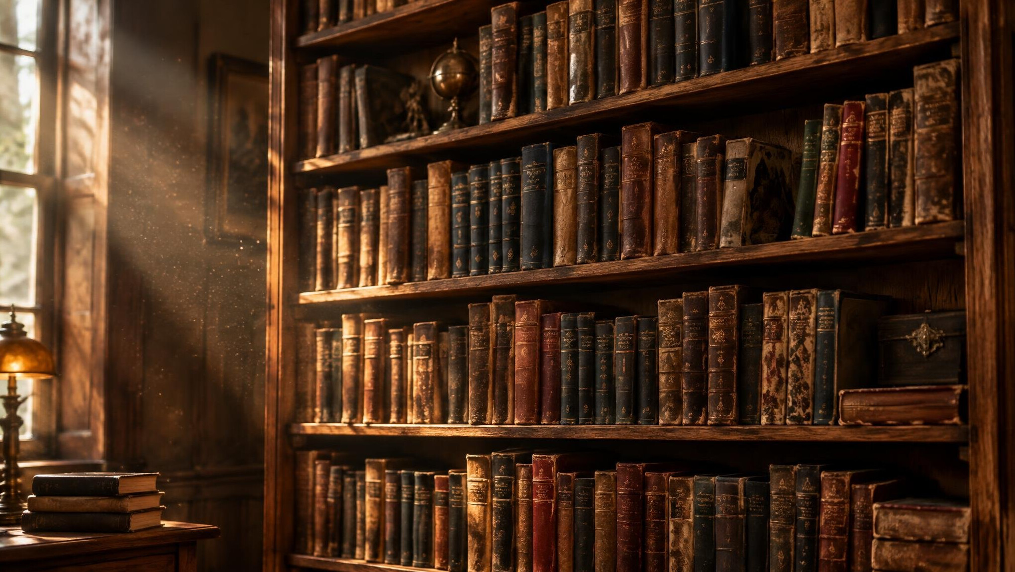 Tall wooden bookshelf filled with old hardcover novels