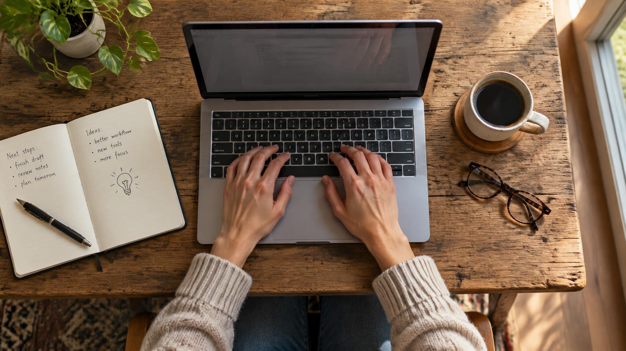 Hands typing on a laptop next to a notebook and cup of coffee on a wooden desk